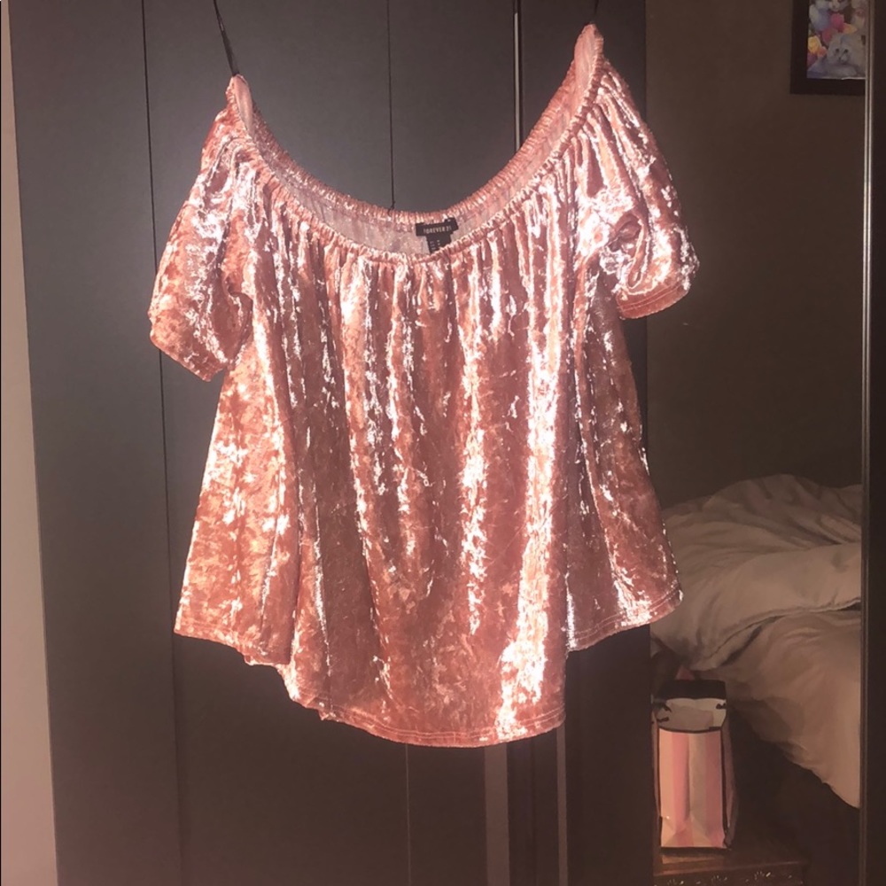 Pink suede off the shoulder blouse